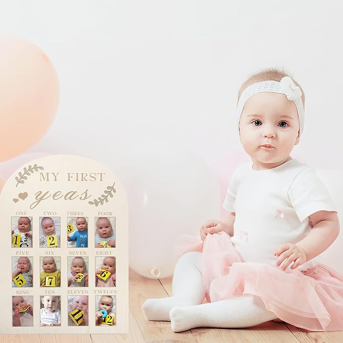 Wooden Milestone Photo Frame First Year Display Board for Newborns Months Keepsake with Sturdy Construction and Simple Design for Nursery Decoration