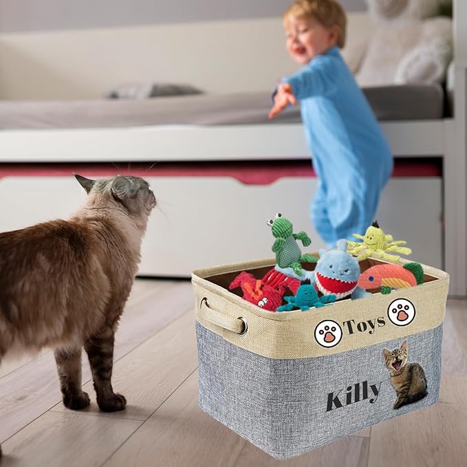Personalized Cat Toy Basket Custom Cat Toy Box with Pet's Name Cat Storage Organizer Collapsible Cute Basket with Handles, Medium