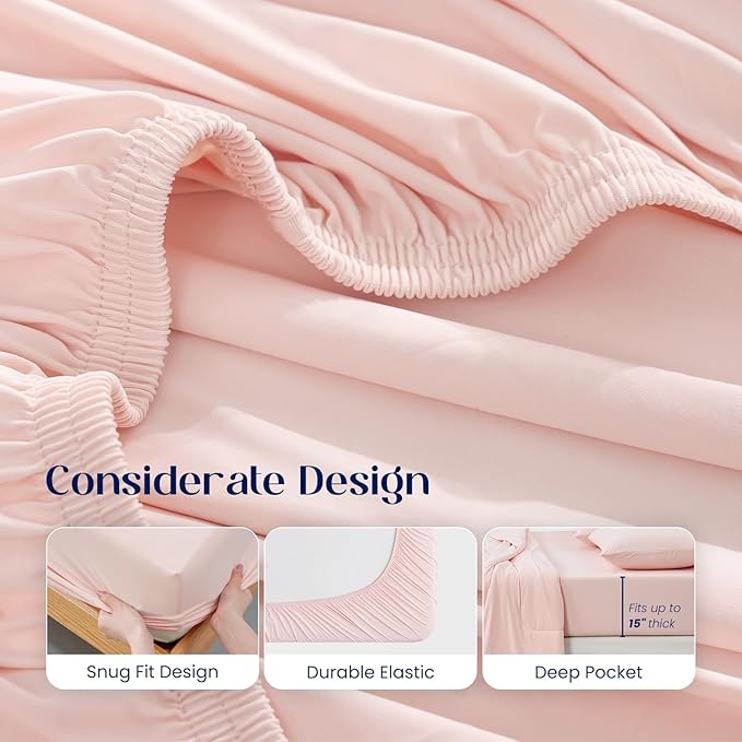 Dream Valley® King Size Sheets Set, Cooling Fitted Sheet with 2 Pillowcase-3 PCS with No Flat Sheet,Q-Max > 0.4 Aerocool, Cooling for Night Sweats, Hot Sleepers,deep Pocket up to 15",Pink Blush