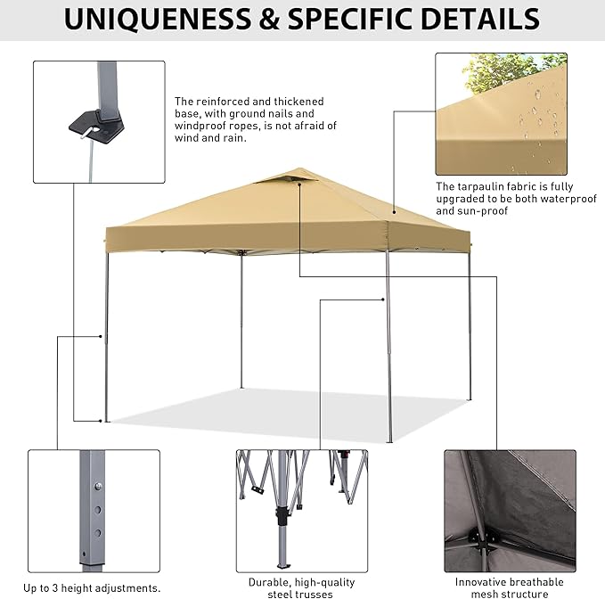 GDY 10'x10' Pop Up Canopy Tent, Outdoor Canopy, Patio Tent,Commercial Instant Gazebos, Portable Shelter Canopies, for Patio/Outdoor/Wedding Parties and Events, (Brown)