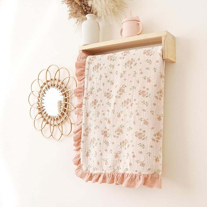 Konssy Flounce Muslin Baby Blankets, Cotton Crib Blanket for Baby Infant Toddler, Super Soft and Lightweight Nursery Blankets 40"x36" (Blossom)