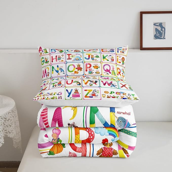 Feelyou ABC Alphabet Bedding Set Twin, Cartoon Zoo Animal Comforter Educational Learning Comforter Set for Kids Boys Girls Colorful Alphabet Duvet Set with 1 Pillow Case