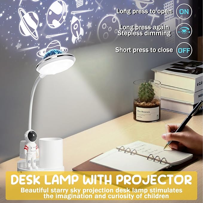 Astronaut Desk Lamp for Kids,Star Space Projector Space Rocket Lamps,Astronauta Lights with Pen Holder,Step-Less Dimming Lighting,Eye-Care Reading Small Desk Lamps for Bedroom,Gifts for Boys and Girls