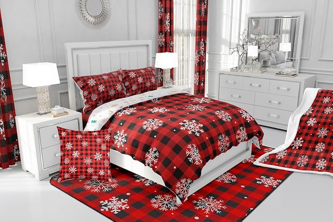 Feelyou Christmas Kids Comforter Set Toddler Size Snowflake Red Bedding Set Red Black Plaid Duvet Quilt for Kids Boys Girls Bedroom Winter Snow Decor Microfiber Ultra Soft Breathable