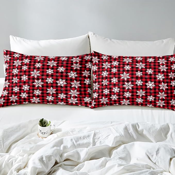 Christmas Kids Bedding Set Snowflake Xmas Theme Bedding Duvet Cover Set for Boys Girls Red Black Buffalo Check Decor Comforter Cover Set New Year Bedspread Cover Bedroom Quilt Cover 3Pcs Queen Size