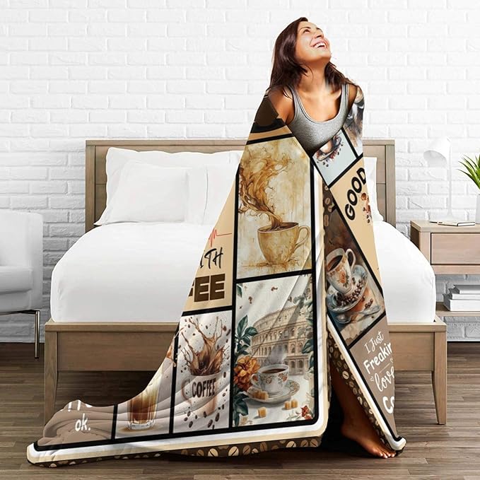 Coffee Blanket Vintage Drink Cup Throw Blankets Gifts for Girls Boys Kids Warm Soft Lightweight Flannel Coffee Bean Plush Throws Fleece Bedding Stuff for Men Women 80"x60"