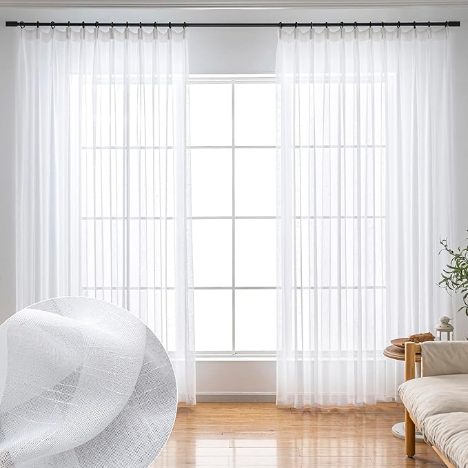 White Sheer Curtains 84 Inches Long 2 Panels, Thin Textured Linen Look Drapes for Living Room, Rustic See Through Window Treatments Decor, DIY Pinch Pleat Sliding Glass Door Curtain