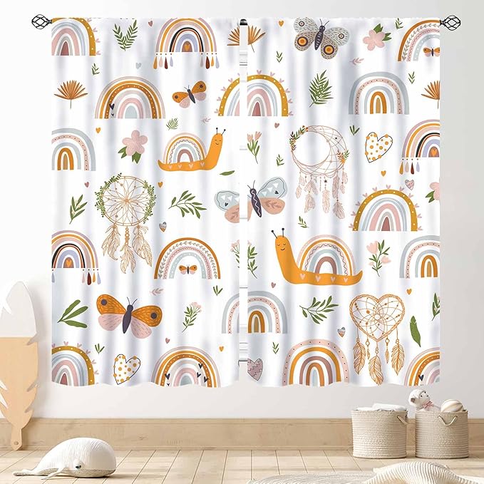 Boho Rainbow Curtains for Girls Bedroom, Bohemian Cute Lovely Butterfly Floral Rainbow Print Pastel Baby Kids Girls Bedroom Living Room Nursery Playroom Classroom Curtains for Windows, 42"x54" Inch