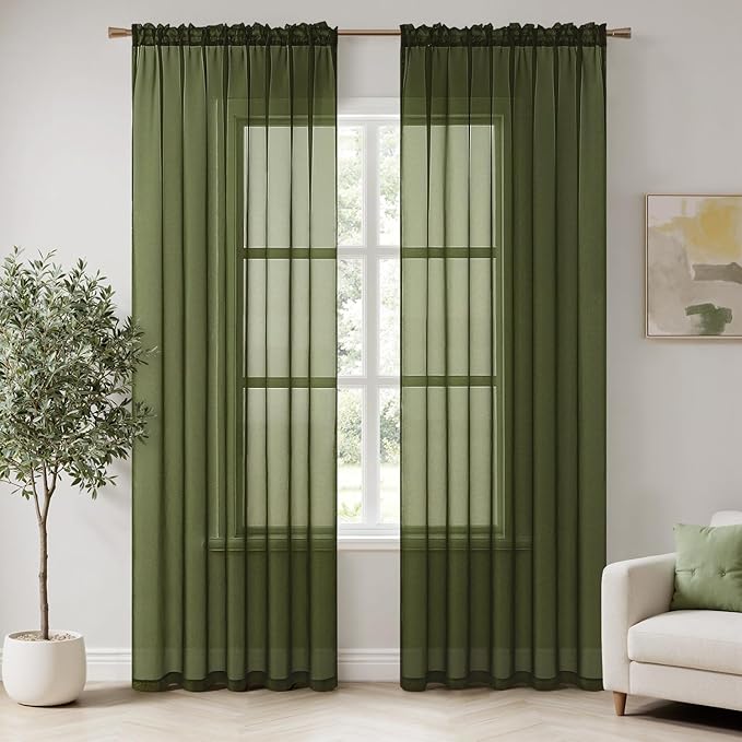 MIULEE 2 Panels Solid Color Sheer Window Curtains Elegant Window Voile Panels/Drapes/Treatment for Bedroom Living Room (54X72 Inches Olive Green)
