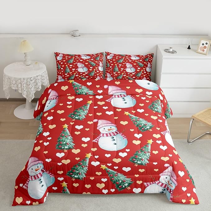 Feelyou Merry Christmas Comforter Set Queen Size Cute Snowman Bedding Set for Kids Boys Girls Christmas Tree Duvet Quilt Love Hearts Microfiber 3 Pcs with 2 Pillow Cases