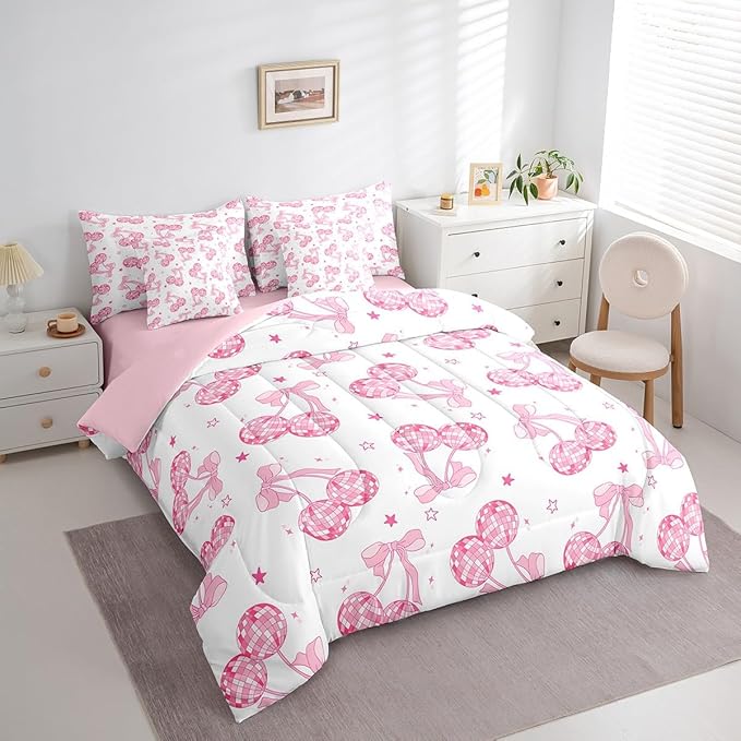 7 Pieces Pink Bowknot Princess Comforter Set King,Disco Crystal Ball Western Cowgirl Bedding Set,Stars Bow Tie Sweet Romantic Dreamy（Comforter+Fitted+Flat Sheet+2 Pillowcases+2 Throw Pillow Covers）