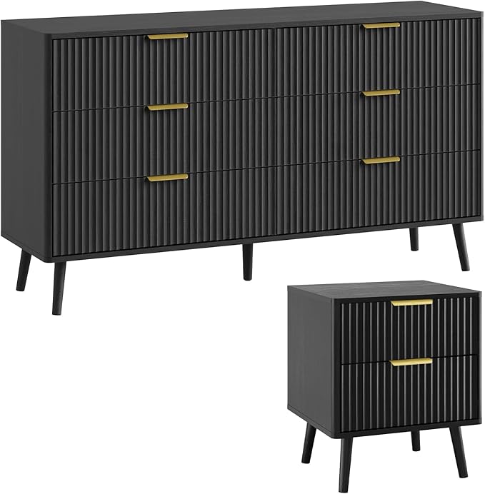 LYNSOM Fluted Dresser and Nightstand Sets 2 Piece, 2-Drawer Nightstands and 6-Drawers Dresser, Wood Bedroom Furniture Set for Home, Bedroom, Hallway, Black