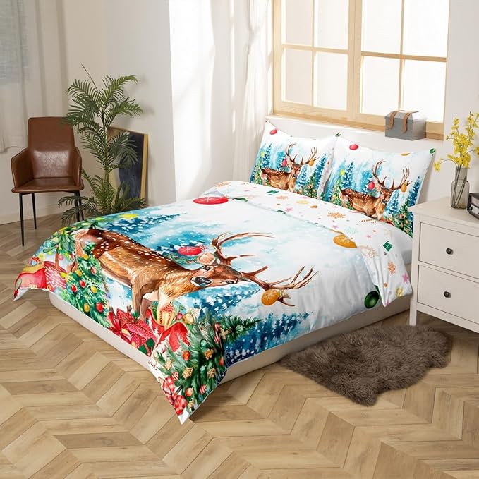Manfei Merry Christmas Duvet Cover Queen Size,Watercolor Christmas Trees Gifts Wild Moose Super Soft Bedding Set for Boys Girls,Winter Happy New Year Comforter Cover Bedding 3 Piece (No Comforter)