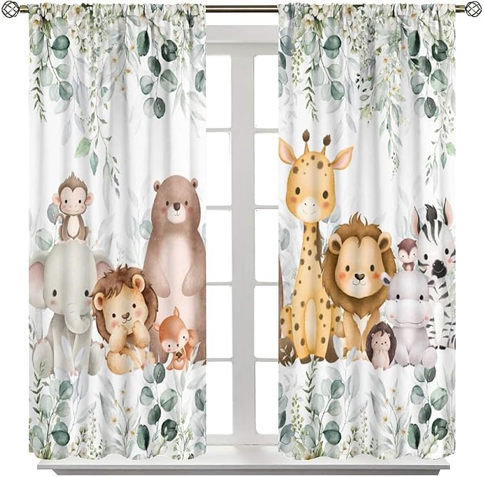 Kids Safari Animal Curtains Woodland Wildlife Jungle Animals Window Treatments for Boys Girls Bedroom Cute Cartoon Lion Nursery Children Drapes for Living Room W42xL63(Decor)