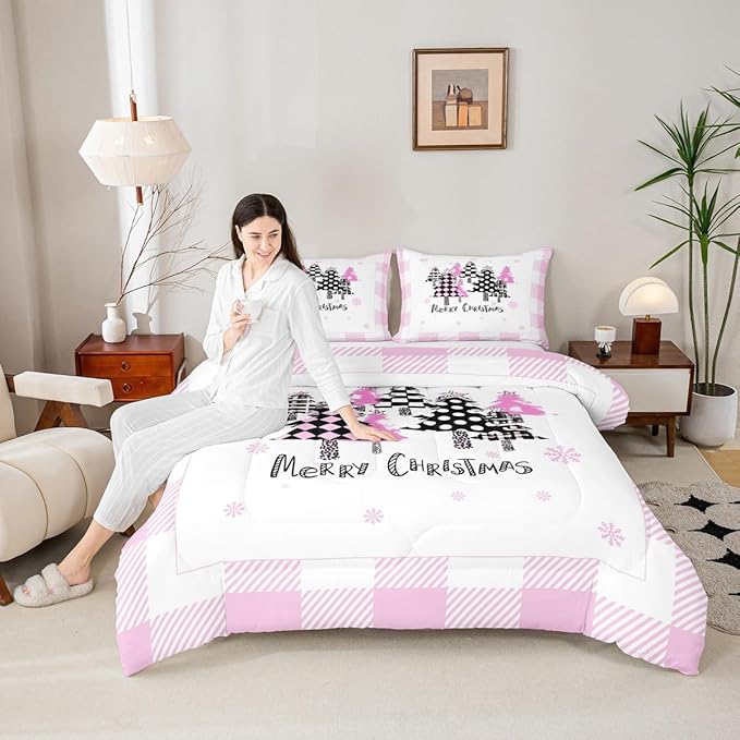 Manfei Xmas Trees Comforter Set Queen Size, Pink Plaid Grid Snowflake Down Comforter with 2 Pillowcases, Christmas Theme Bedding Set 3pcs for Kids Girls Adults Room Decor New Year Duvet Insert