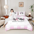 Manfei Xmas Trees Comforter Set Queen Size, Pink Plaid Grid Snowflake Down Comforter with 2 Pillowcases, Christmas Theme Bedding Set 3pcs for Kids Girls Adults Room Decor New Year Duvet Insert