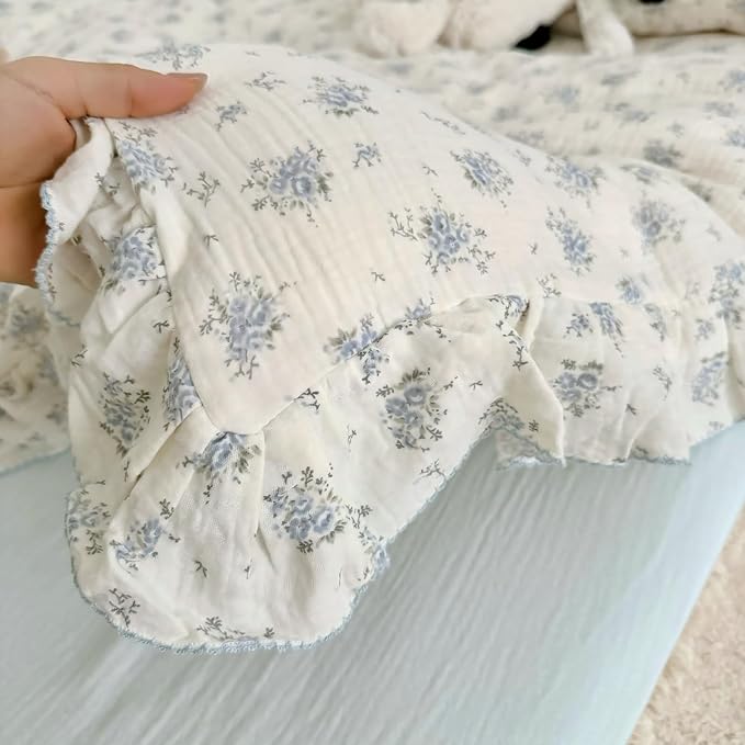 BuLuTu Muslin Cotton Kids Duvet Cover with Ruffles for Toddler Bed/Crib Comforter/Quilt Cover Shabby Chic Blue Freesia Print Toddler Duvet Cover Girls Boys, 47"x59", No Pillow Cases