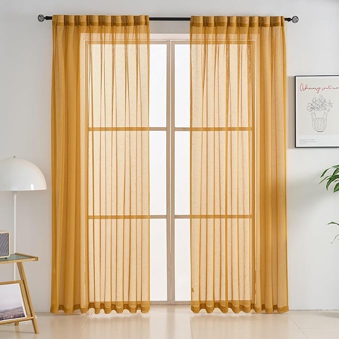 Mustard Gold Linen Look Pinch Pleated Sheer Curtains 90 Inches Long 2 Panels, 50 Inches Width, Rustic Textured Light Filtering Drapes, Vintage Yellow Window Curtain with Hooks