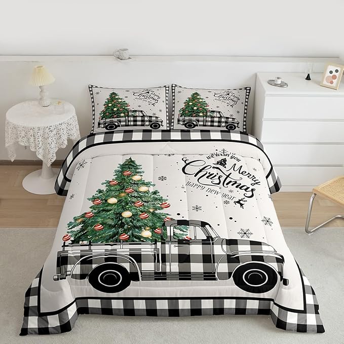 Christmas Truck Kids Comforter Set Full Size,Snowflake Pines Trees Rustic Bedding,Girls Boys Adults Bedroom/Xmas Cabin Decor,Geometric Grids Lattice Down Comforter,Retro Duvet Insert,2 Pillowcases