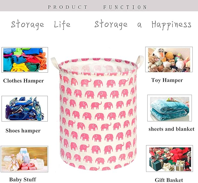 KUNRO Round Laundry Gift Basket Storage Hamper, Kids Toys and Clothes Storage Organizer Bins, Toy Shelf Basket with Handles for Room Decor (Pink Elephant)