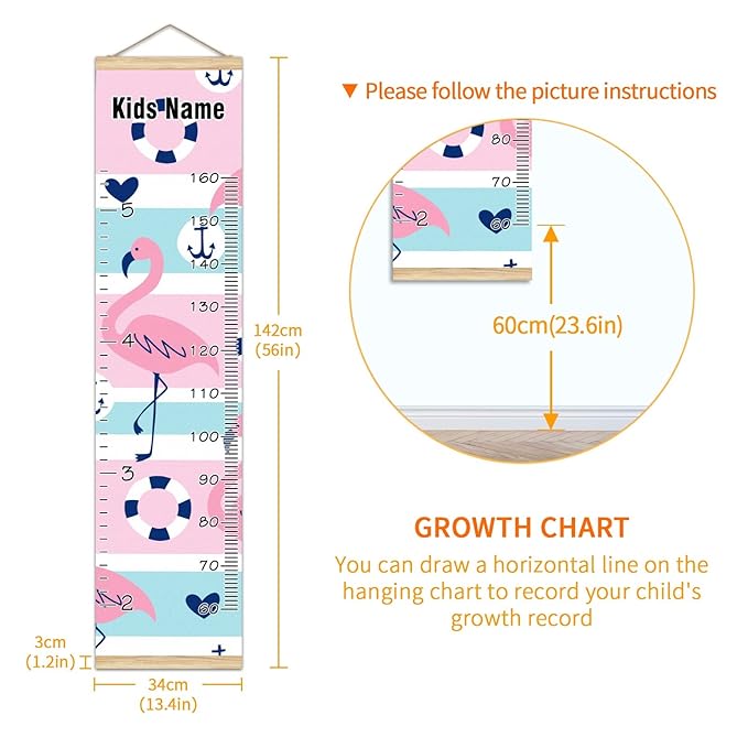 Personalized Kids Name Growth Chart Ruler for Wall Wood Frame Height Measure Chart 13.4x56 in Linen Hanging Height Growth Chart Pink Flamingos Anchor Nautical Kids Room Decor
