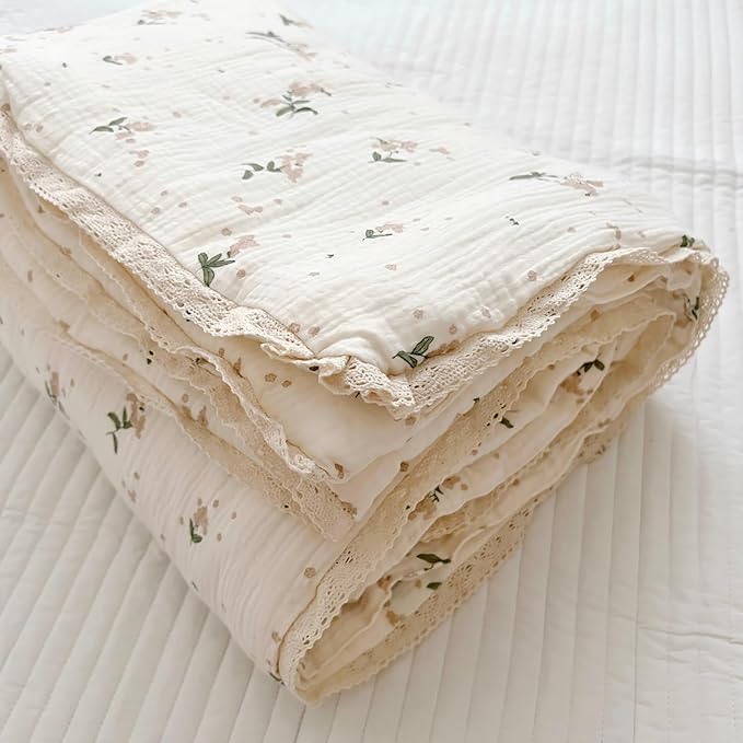 BuLuTu Shabby Chic Floral Toddler Comforter Quilt Cotton Muslin Kids Blankets Sweet Laurel Design Beige Toddler/Twin Bed Blanket for Unisex Baby Toddler Boys Girls, 60"x78"