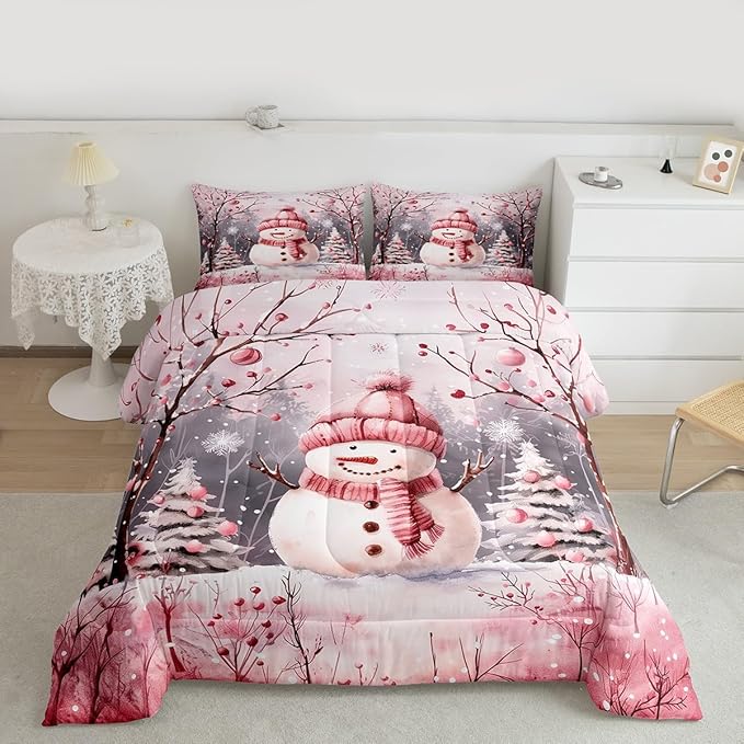 Feelyou Cute Snowman Comforter Set All Season Christmas Tree Bedding Set with 2 Pillow Cases Xmas Snowflake Microfiber Kids King Bedclothes Pink Scarf Bedroom Decor Pink Winter Scene Duvet Quilt