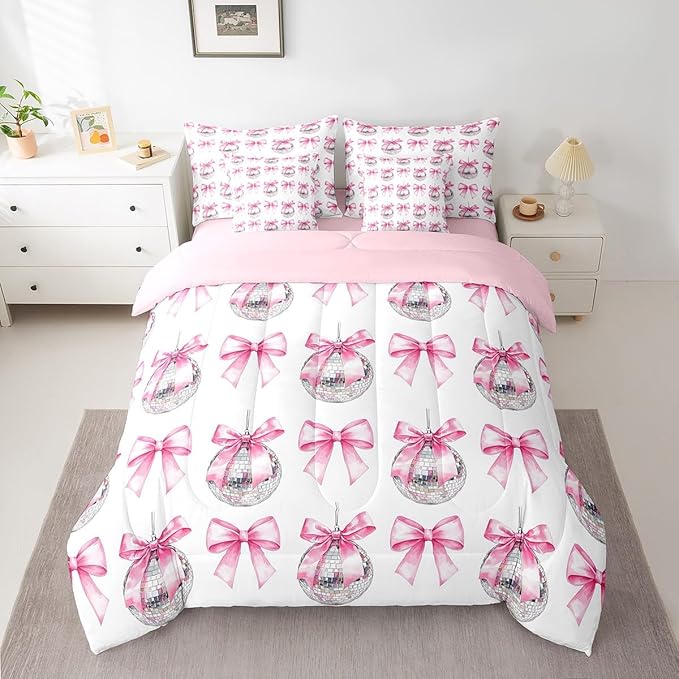 7 Pieces Cartoon Bowknot Kid Comforter Set Full,Bow Tie Butterfly Knot Princess Bedding Set,Western Cowgirl Disco Ball Retro Pink White（Comforter+Fitted+Flat Sheet+2 Pillowcases+2 Throw Pillow Covers）