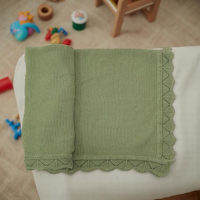 Baby Knit Blanket Soft Breathable Cotton Scallop Border Blankets Newborn Knitted Blanket Swaddle Blankets Gifts for Baby Newborn Toddler Shower Boy Girl New Mom Birthday Christmas SG 30x30