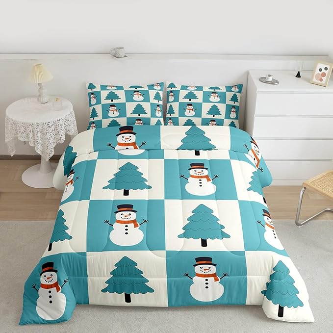 Feelyou Merry Christmas Comforter Set All Season Snowman Bedding Set with 2 Pillow Cases Xmas Tree Microfiber Kids Full Bedclothes Bedroom Decor Duvet Quilt Breathable Soft Lightweight