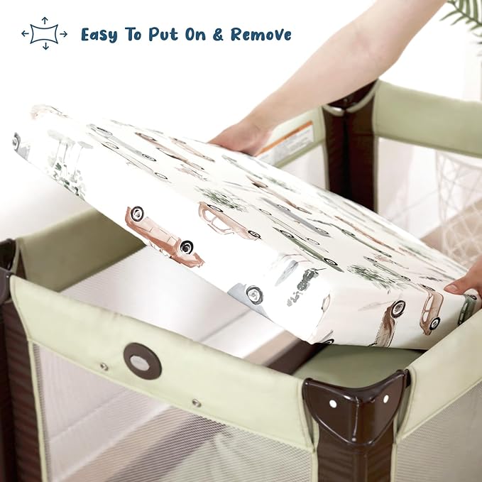 Pack n Play Sheets Fitted 2 Pack, Stretchy Ultra Soft Jersey Knit Pack and Play Sheets, Universal Fitted Portable/Mini Crib Mattresses Snug and Safe, Stylish Cars Print for Boys and Girls