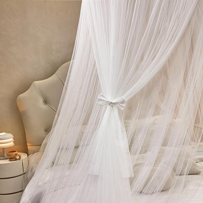 AIKASY Princess Bed Canopy for Girls – Double Layer Sheer Mesh Dome with Romantic Lace Trim, Dreamy Mosquito Net Tent for Twin/Full/Queen/King Beds(White)