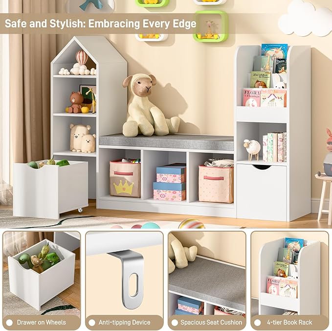 Kids Bookcase with Reading Nook, Bench Kids Bookshelf with 7 Storage Cubbies and 2 Movable Drawers, Multi-Purpose Toy Storage Organizer with Seat Cushion for Playroom, Bedroom, Living Room, White