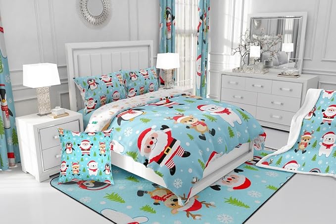 Feelyou Christmas Comforter Set Twin Size Santa Claus Bedding Set for Kids Boys Girls Penguin Deer Duvet Quilt Xmas Snowflake Tree Bedroom Decor Microfiber 2 Pcs with 1 Pillow Cases