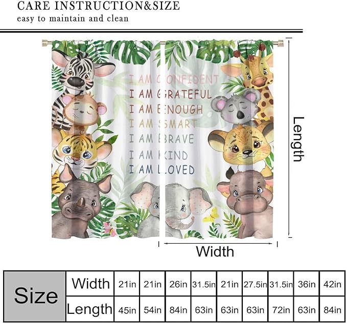 Cartoon Safari Animal Curtains Cute Watercolor Wildlife Jungle Window Treatments for Kids Boys Girls Bedroom Living Room Inspirational Motivational Quotes Nursery Children Drapes W63xL63