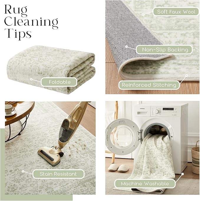 Sage Green Rug for Bedroom,Boho Floral Print Washable Cottage Core 8x10 Area Rugs for Living Room,Light Green