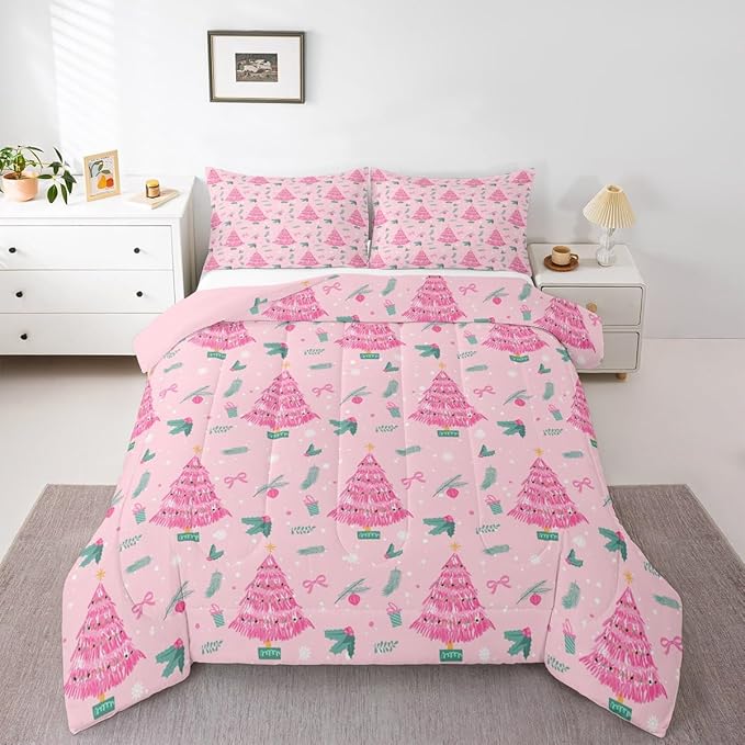 Feelyou Christmas Tree Comforter Set All Season Merry Christmas Bedding Set with 2 Pillow Cases Happy New Year Microfiber Kids Queen Bedclothes Xmas Bedroom Decor Duvet Quilt Soft Lightweight