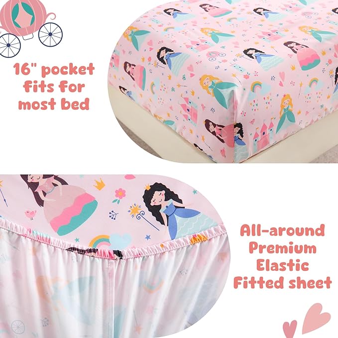 LONAVA Twin Kids Comforter Set - 4 Pieces Twin Bedding Sets for Boys Girls Children, Ultra Soft Microfiber Bed in A Bag with Flat Fitted Sheets, Princess