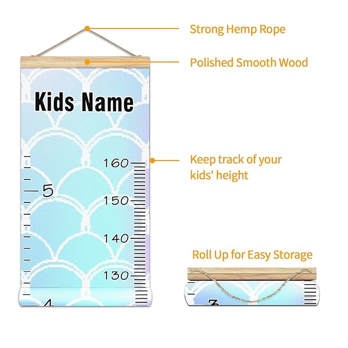 Personalized Kids Name Growth Chart Ruler for Wall Wood Frame Height Measure Chart 13.4x56 in Linen Hanging Height Growth Chart Rainbow Mermaid Kids Room Decor