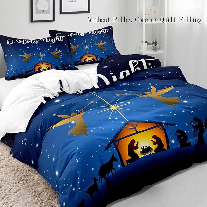 LUVIVIHOME 3PCS Christmas Duvet Cover Queen Bedding Sets, Navy Blue Duvet Cover, Galaxy Oh Holy Night Nativity Scene Angel Winter Holiday Xmas Christmas Comforter Cover, Bed in a Bag, 2 Pillow Cases