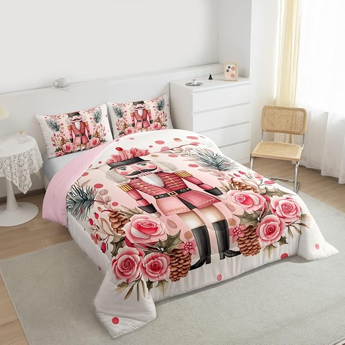Feelyou Christmas Decor Nutcrackers Comforter Set All Season Pink Christmas Bedding Set with 1 Pillow Cases Funny Nutcracker Kids Twin Bedclothes Rose Decor Berries Duvet Quilt Soft Lightweight