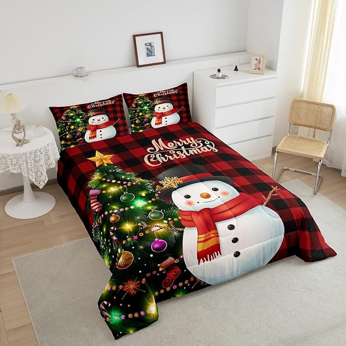 Manfei Christmas Comforter Set King Size, Snowman Christmas Tree Quilt Set with 2 Pillowcases, Red Plaid Grid Print Bedding Set 3pcs for Kids Boys Girls Room Decor