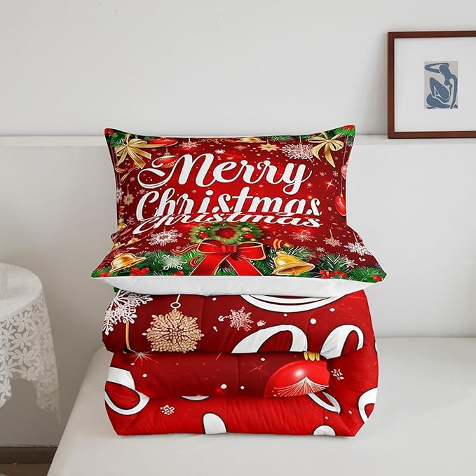 Christmas Wreath Comforter Set Twin Size,Red Bowkont Gold Bell Bedding Set for Kids Boys Girls Room Decor,Snowflake Merry Christmas Quilt Set 2Pcs,Green Leaves Xmas Theme Duvet Insert,1 Pillowcase
