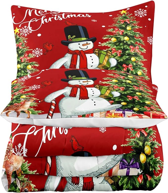 LUVIVIHOME 3PCS Merry Christmas Comforter Set King Size, Boys Girls Kids Bedding, Cartoon Funny Cute Snowman Deer Elk Cardinal Snowflake Xmas Tree Christmas Bedroom Decor, Red Quilt, 2 Pillow Shams
