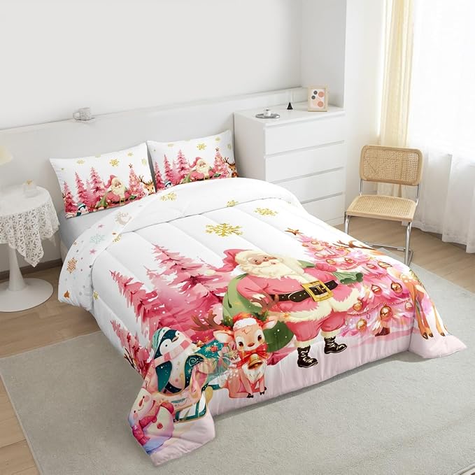 jejeloiu Merry Christmas Comforter Set Queen Size Santa Claus Bedding Set for Kids Boys Girls Cute Deer Duvet Quilt White Bedroom Decor
