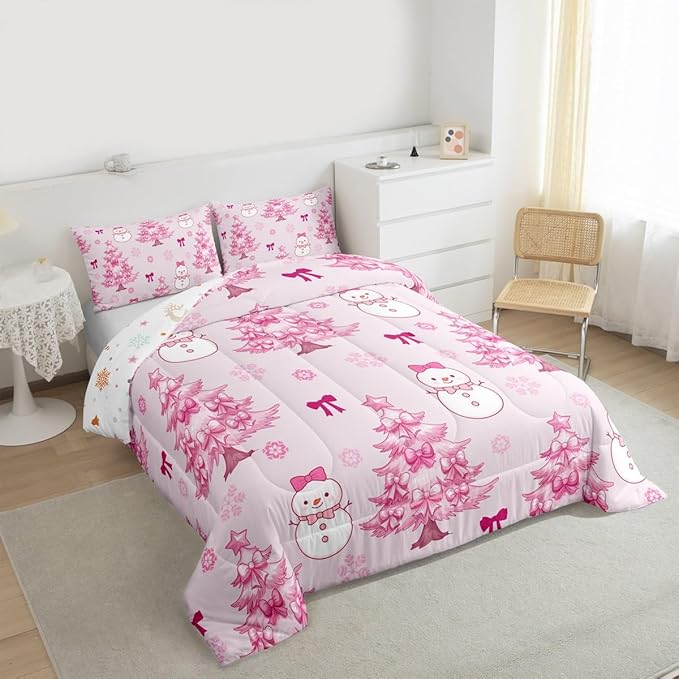 Feelyou Merry Christmas Bedding Set Soft for Boys Girls, Cute Snowman Comforter Set King Size Cartoon Bowknot Duvet Quilt Microfiber Christmas Tree 3 Pcs with 2 Pillow Cases