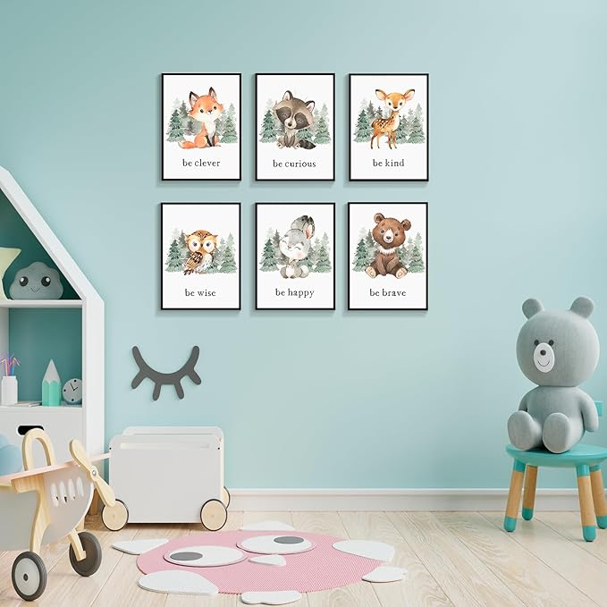 gooptyinh Framed Woodland Nursery Animal Canvas Wall Art, 6 Piece Inspirational Forest Animals Print Posters, Motivational Quotes Cute Bear Fox Rabbit Deer Raccoon Owl Decor for Baby Bedroom 12x16in
