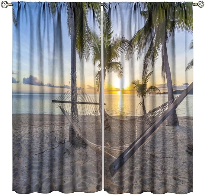 Ocean Beach Curtains,Morning Sunrise Hawaiian Seaside Scene Pattern Blackout Print Home Bedroom Living Room Window Treatments 2 Panel Set 63x72 Inch