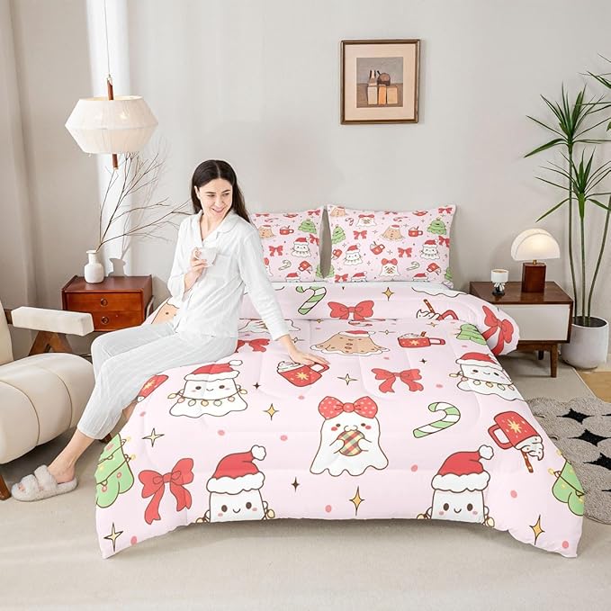 Feelyou Christmas Bedding Set Soft for Boys Girls, Cute Bow Comforter Set Queen Size Cute Ghost Duvet Quilt Microfiber Coquette Bow Knot Bedroom Decor Candy Print 3 Pcs with 2 Pillow Cases