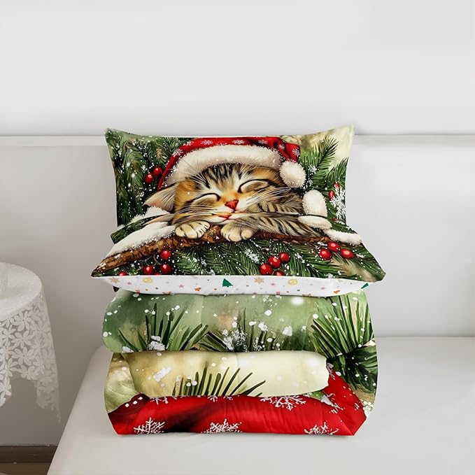 Xmas Cat Kids Comforter Set Full Size,Snowflake Holly Berry Winter Bedding Set,Girls Boys Room Decor,Christmas Poinsettia Animal Quilt Comforter,Green Yellow Duvet Set Bedroom Quilt Set,2 Pillowcases